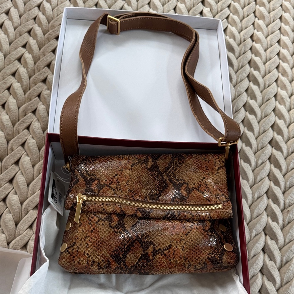 Hammitt VIP MED Centerpiece Tan and Brown Snake Print Crossbody Bag